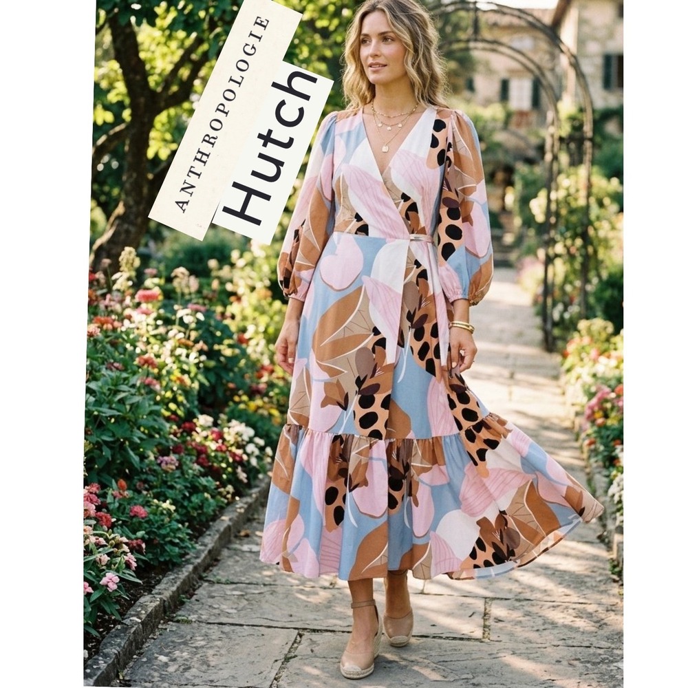 Hutch Anthropologie Floral Wrap Maxi Dress Pink Blue Balloon Sleeve Lace Up Back